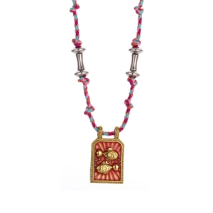 Handmade woven cord necklace with a golden rectangular pendant featuring twin fish design