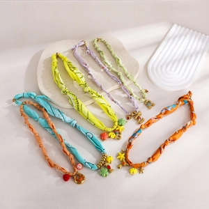 Handmade stainless steel colorful fabric scarf necklace with enamel fruit pendants