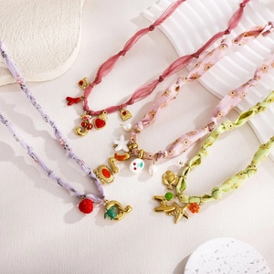 Handmade silk scarf necklace with stainless steel letter charms and fruit pendants