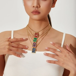 Vintage Stainless Steel Zodiac Necklace Rectangular Enamel Astrology Pendant For Women Gold Plated Drip Oil Jewelry Gift