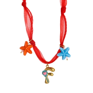 Handmade red tulle necklace with starfish charms and gold letter F pendant with pink heart