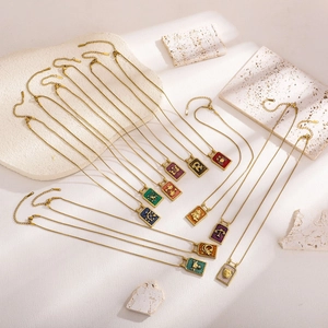 Vintage gold stainless steel zodiac pendant necklaces with colorful enamel inlay