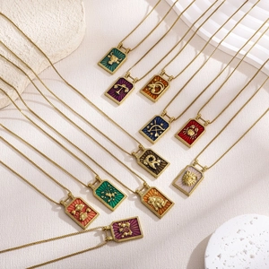 Vintage zodiac rectangle necklaces with colorful enamel inlay and gold plated finish