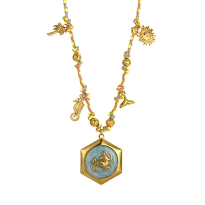 Collier tressé coloré fait main avec breloques dorées du zodiaque Sagittaire et mer