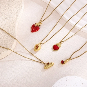Fashionable stainless steel gold necklaces with heart and strawberry enamel pendants