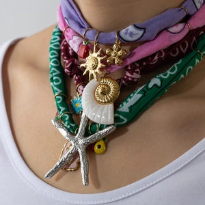 Bohemian Stainless Steel Starfish Conch Scarf Necklace Handmade Paisley Print Fabric Colorful Beach Jewelry For Women Gift