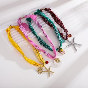 Fashion ocean silk scarf necklace with stainless steel starfish shell pendants in 4 colors