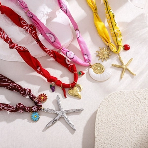 Fashion ocean silk scarf necklaces with stainless steel starfish and seashell pendants