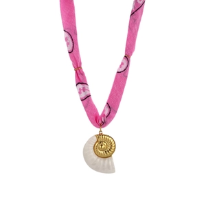 Pink silk scarf necklace with gold and white nautilus shell pendant ocean style