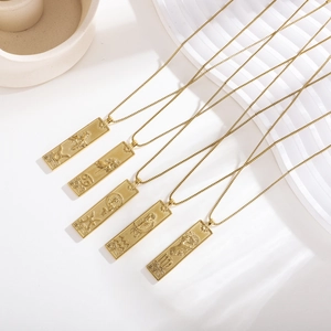 Retro gold stainless steel square zodiac pendant necklaces with embossed reliefs