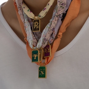 Vintage Stainless Steel Pendant Necklace With Satin Scarf Chain Zodiac Sign Embossed Rectangular Pendant Bohemian Jewelry