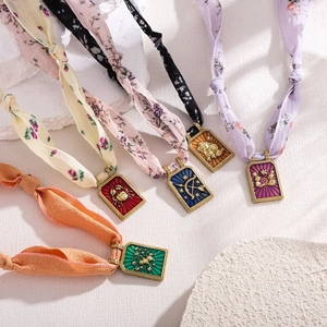 Set of 6 zodiac silk scarf necklaces with gold stainless steel enamel pendants