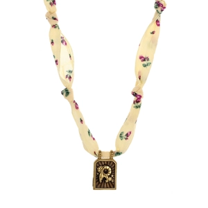 Floral chiffon scarf necklace featuring an antique Aries zodiac ram embossed pendant