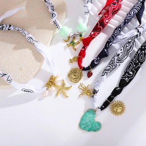Bohemian paisley silk scarf necklace with stainless steel heart and flower pendants
