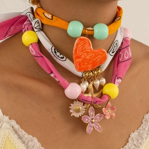 Bohemian Stainless Steel Scarf Necklace For Women Fabric Floral Heart Starfish Pendant Handmade Fabric Choker Fashion Jewelry