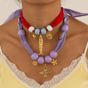 Collar de Pañuelo de Acero Inoxidable Boho para Mujer Choker de Satén Étnico Vintage Con Colgante de Cruz Ojo Turco Pez Joyería