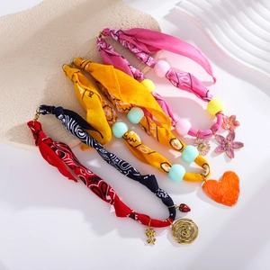 Floral fabric silk scarf necklaces with heart and flower charms for women and pets