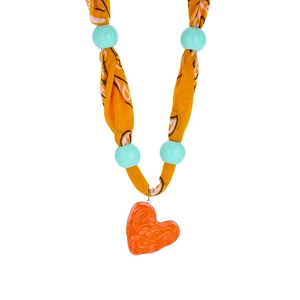 Bohemian paisley silk scarf necklace with orange heart pendant and mint green beads