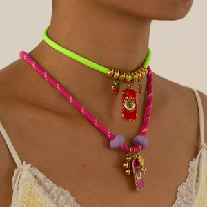 Bohemian Stainless Steel Evil Eye Pendant Necklace Woven Rope Enamel Flower Strawberry Choker For Women Vacation Jewelry
