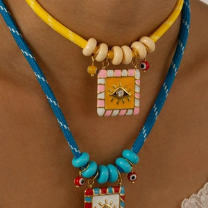 Colorful woven cord necklace with stainless steel evil eye enamel pendant and beads