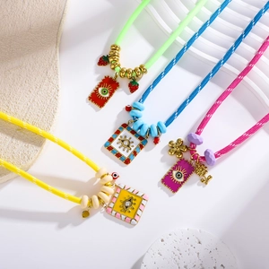 Colorful evil eye enamel pendant necklaces with handmade beads and braided ropes