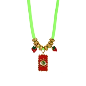 Colorful rope necklace with stainless steel evil eye pendant and cute red strawberry charms