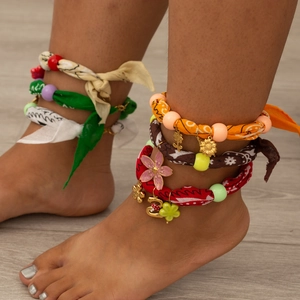 Bohemian Fabric Beaded Anklet For Women Stainless Steel Charms Paisley Print Scarf Foot Jewelry For Beach Vacation Summer