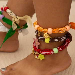 Bohemian stackable silk scarf anklets with floral charms and colorful beads for women
