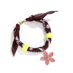 Floral print cloth necklace with neon green beads and pink enamel flower pendant