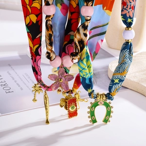 Bohemian silk scarf necklace with stainless steel fish starfish charms and vibrant prints