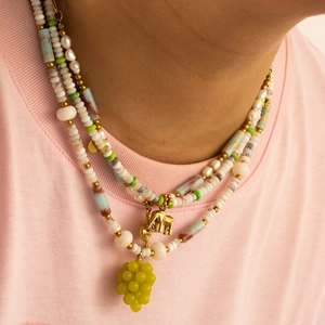 Collana Artigianale in Acciaio Inossidabile 304 Pietra Naturale Perla d'Acqua Dolce Ciondolo Elefante Fungo Uva Gioielli Donna