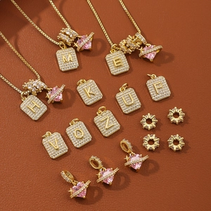 Copper Alphabet Initial Pendant Necklace Fashion Pink Heart Planet Rhinestone Inlaid Box Chain Jewelry For Women
