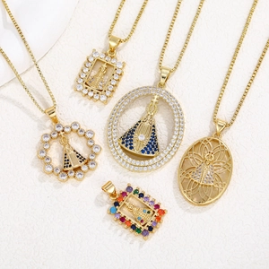 Vintage Sacred Virgin Mary Pendant Necklace For Women Gold Plated Brass Cubic Zirconia Our Lady Of Aparecida Jewelry Gift