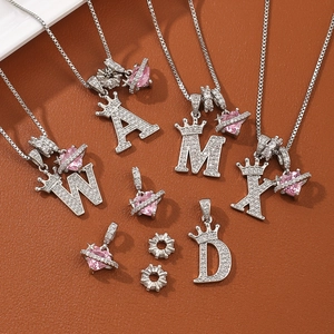 Silver crown initial necklaces with A-Z letters and zircon heart pendants on leather