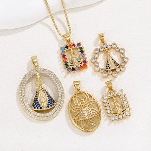 Gold plated Virgin Mary necklace set with colorful cubic zirconia and five religious pendants