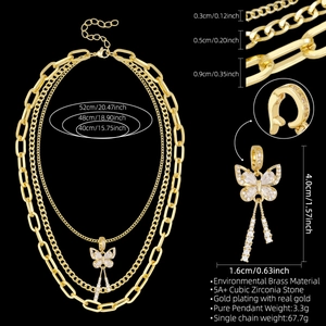 Details zur 3-lagigen Messing-Halskette mit Zirkonia-Schmetterlingsanhänger in Gold
