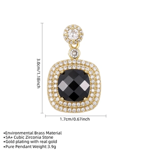 Macro detail of square black zircon pendant in brass with 18K gold plating and measurements