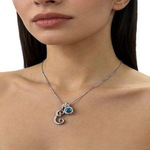 Silver alphabet pendant necklace with blue square gemstone and crystal accents for women