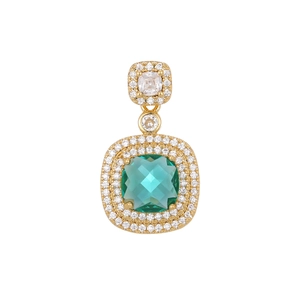 Macro shot of square emerald green gemstone pendant with double halo in 18K gold