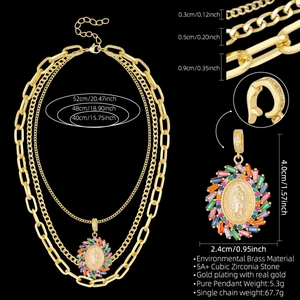 Detailansicht des mehrlagigen Goldketten-Sets mit Maßen und OT-Verschlussdetails