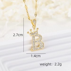 Gold crown initial B necklace with cubic zirconia pave pendant measuring 2.7cm tall