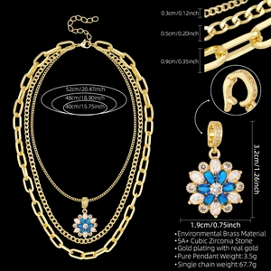 Detailspezifikationen für 3-lagige Goldketten mit blauem Zirkon-Sonnenblumen-Anhänger