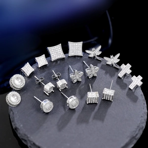 Hip Hop Men Copper Stud Earrings Pave Shiny Rhinestone Round Square Cross Geometric Piercing Fashion Jewelry For Unisex