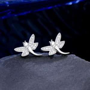 Exquisite 18K gold plated copper dragonfly stud earrings with sparkling cubic zirconia