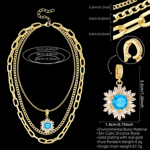Details zur dreilagigen Goldkette mit Schneeflockenanhänger und blauem Zirkon