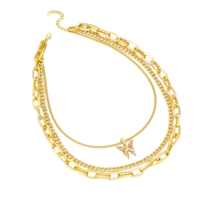 Dreilagiges goldenes Halsketten-Set mit Gliederkette und buntem Schmetterlings-Anhänger