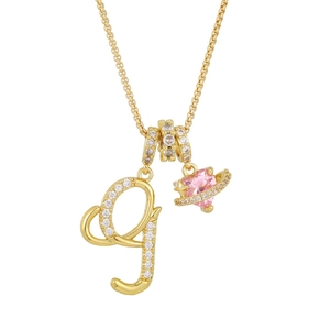 Golden necklace featuring a 26-letter G charm and a pink heart Saturn planet pendant
