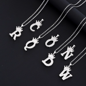 Hip hop crown initial necklace with cubic zirconia and silver finish cable chain