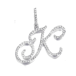 Silver cursive letter K pendant with micro-paved cubic zirconia in hip hop style