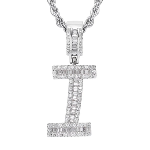 Close-up of silver-plated hiphop letter I pendant with pave-set cubic zirconia stones